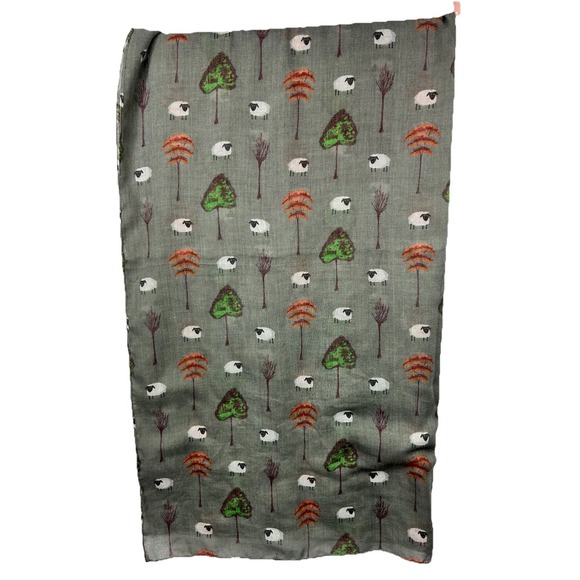 Wrap London Accessories - Whimsical Sheep & Trees Lightweight Scarf Wrap - Grey Scandi Gauze Shawl 71x36